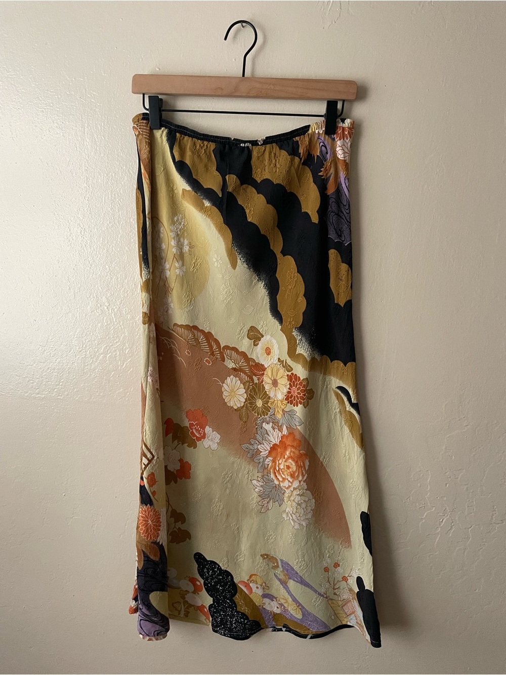 Citron silk Floral Maxi Skirt in Yellow, Black and Orange